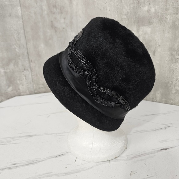 Vintage Mr Walter New York Black Fur Felt Beaded‎ Hat Satin Bow Fantes Italy 50s main image 7